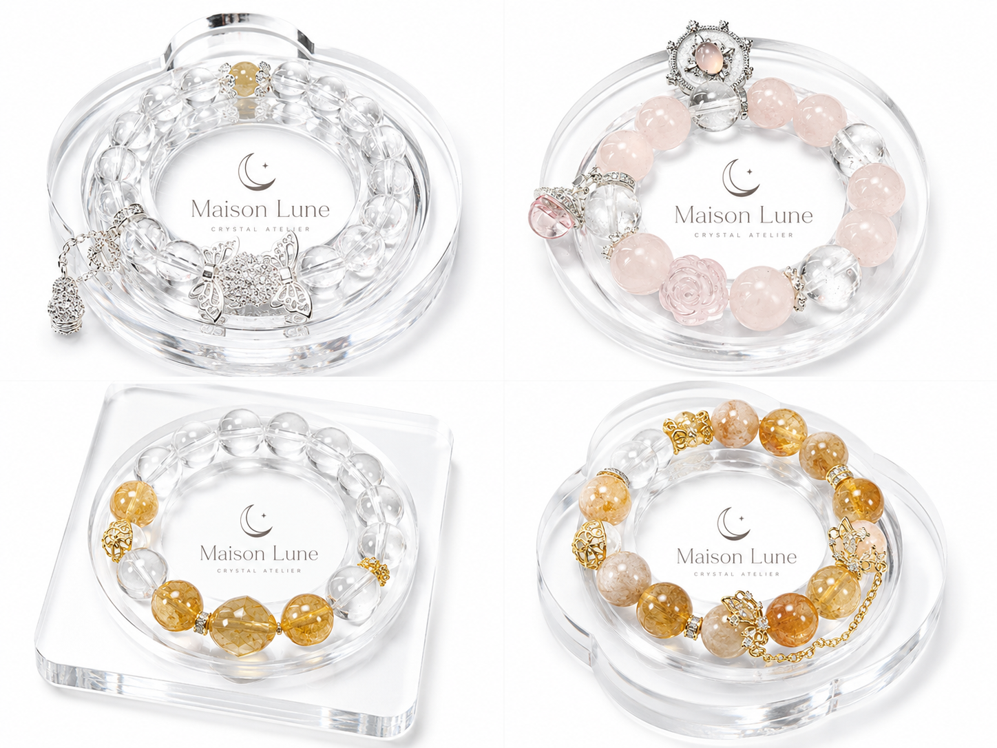 A collection of Maison Lune crystal bracelets